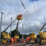Engineers installing overhead lines as part of the Midland Mainline Upgrade. // Credit: Network Rail