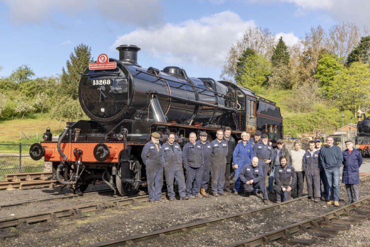 Members of the SVR's engineering department with Stanier Mogul 13268. // Credit: Alan Corfield