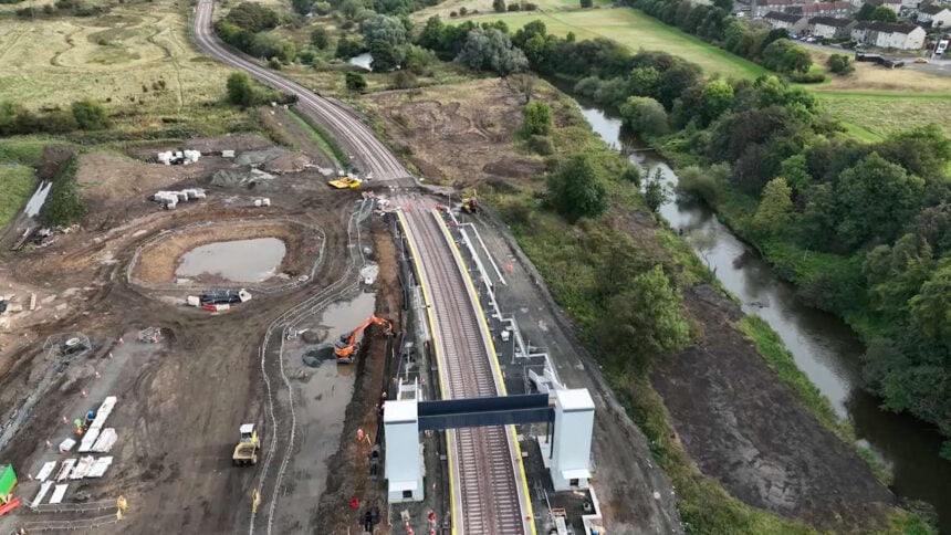 Aerial view of the construction site at Methilhill. // Credit: Network Rail