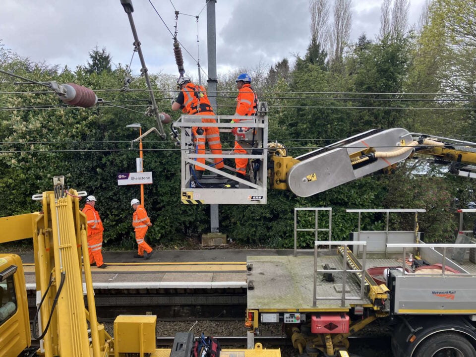Network Rail engineers carrying out maintenance work on the overhead lines at Shenstone station