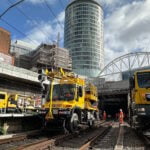Network Rail maintaining overhead lines at Birmingham New Street station_
