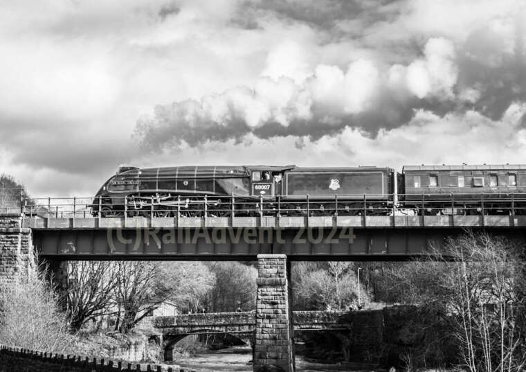 60007 Sir Nigel Gresley heads across Brooksbottom Viaduct, East Lancashire Railway