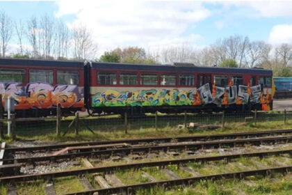 Graffiti daubed on the Pacer units at the Midland Railway Centre at Butterley. // Credit: Derbyshire Constabulary