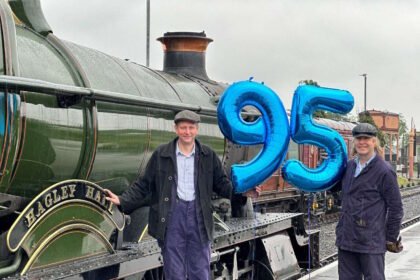 Driver Adrian Hassall and fireman Mark Writtle get ready to celebrate with 'Hagley Hall' at the SVR. Credit: Driver Adrian Hassall and fireman Mark Writtle get ready to celebrate with 'Hagley Hall' at the SVR. // Credit: Nicky Freeman