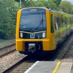 A new Stadler Class 555 train begins its daytime test run on the Tyne and Wear Metro.
