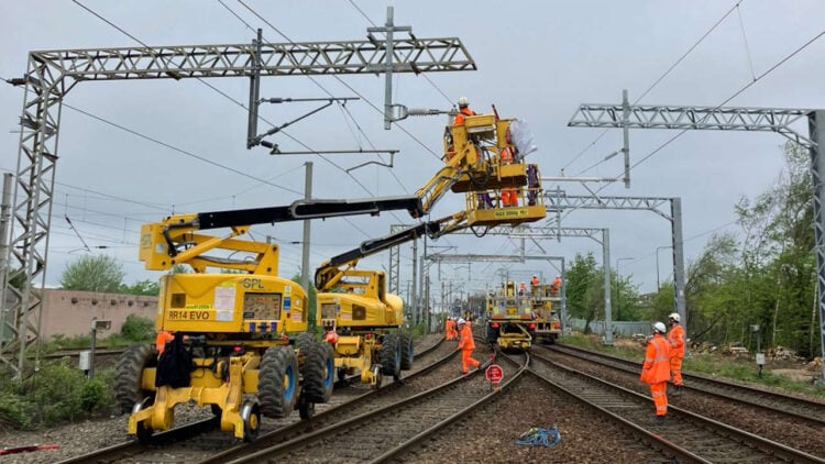 Ongoing work to electrify the railway between Wigan and Bolton. // Credit: Network Rail