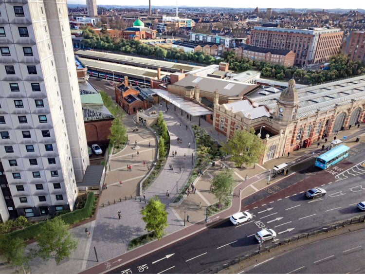 Artist's impression of aerial view of the redeveloped entrance to Leicester station. // Credit: Leicester City Council